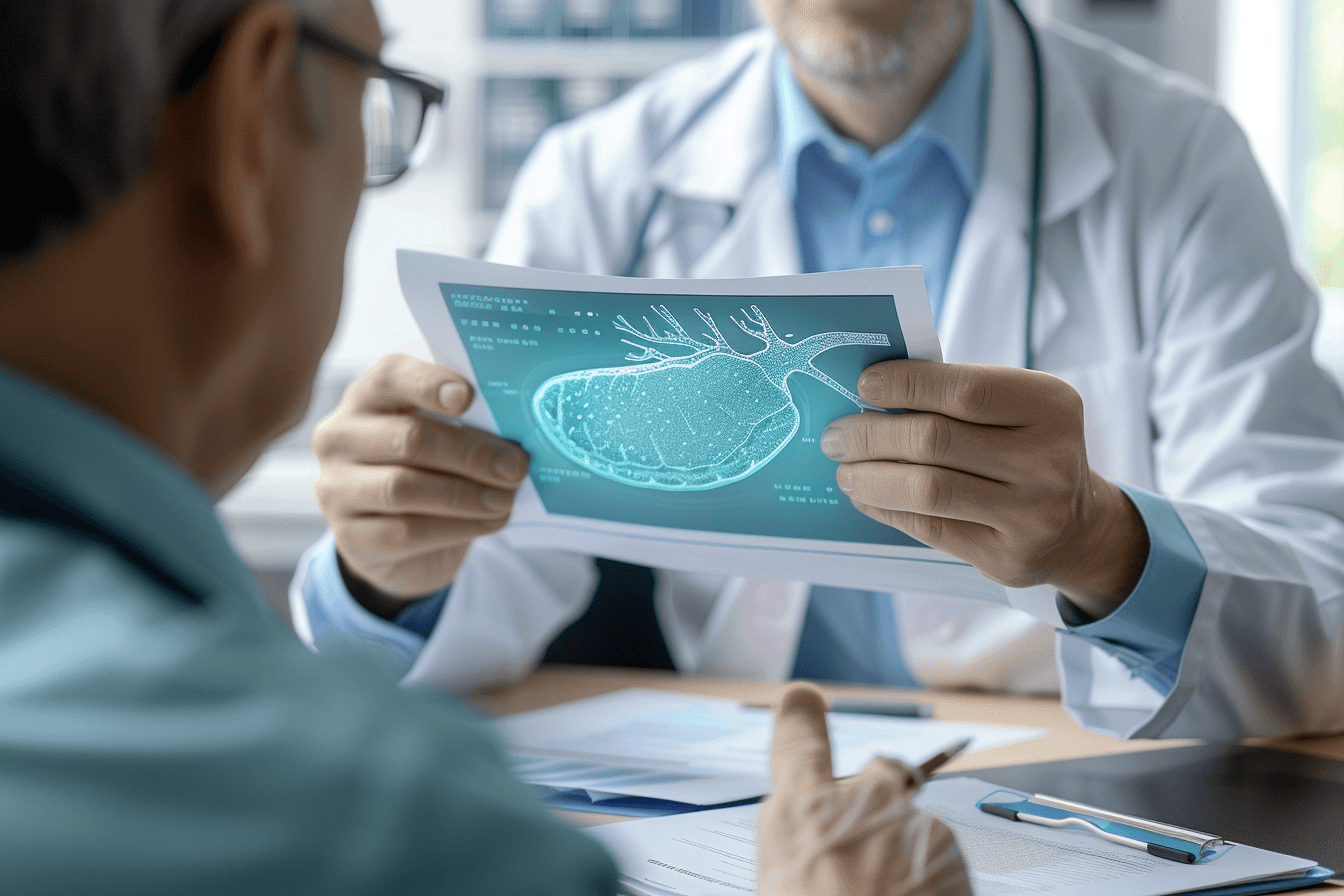 Doctor reviewing medical reports with patient while subtle pancreas overlay shows hidden early pancreatic cancer symptoms not detected in tests