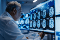 Radiologist examining brain MRI scan for early signs of glioma