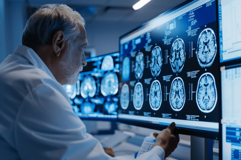 Radiologist examining brain MRI scan for early signs of glioma