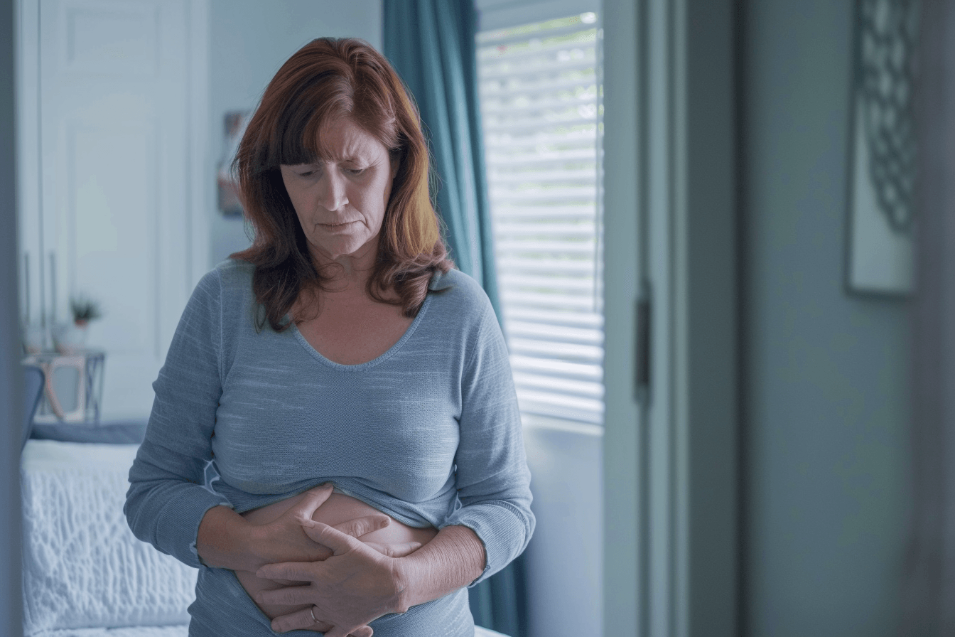 Early warning signs of colorectal cancer showing person with mild abdominal discomfort