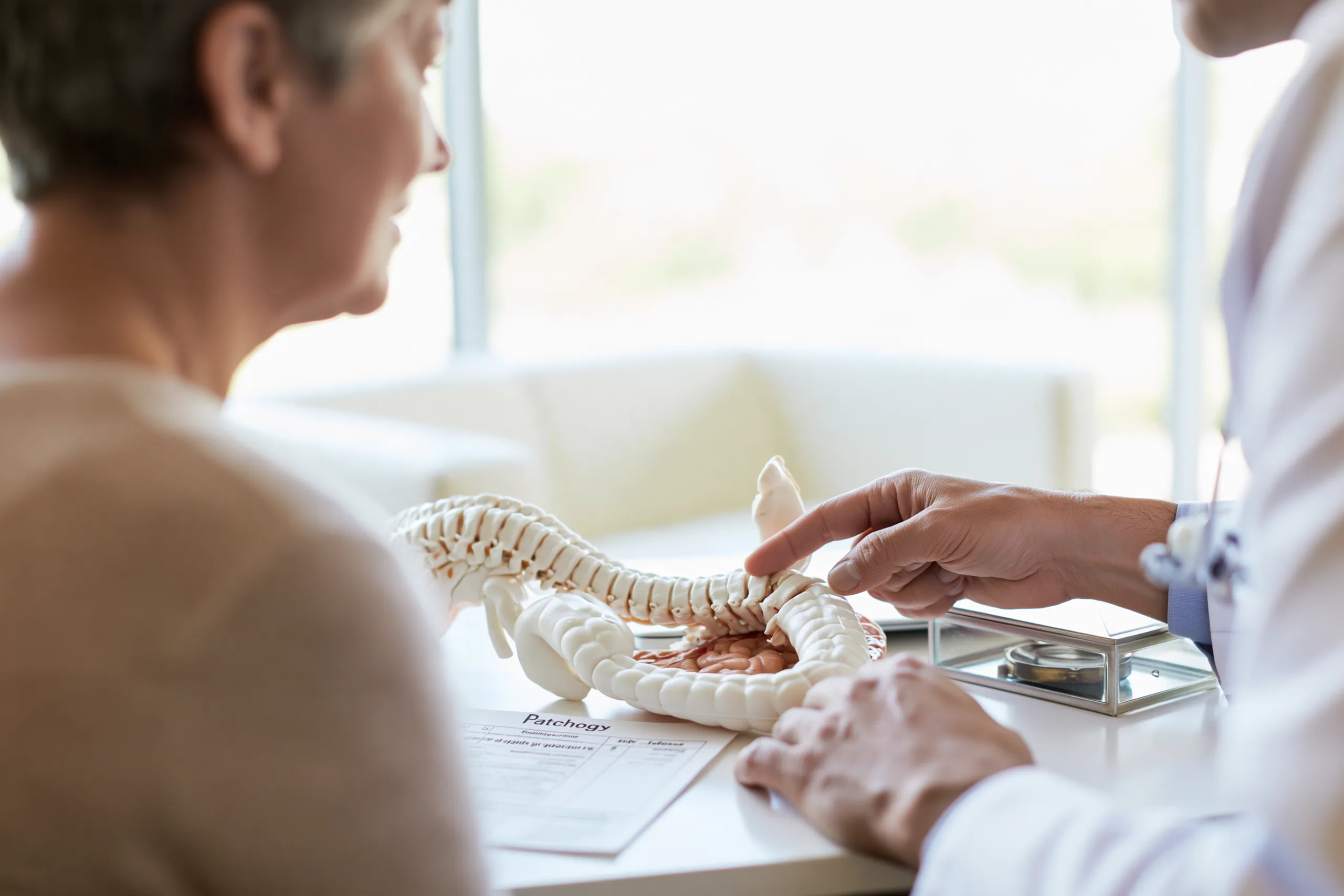 Metastatic Esophageal Cancer Treatment: Biomarker-Guided Care 3 Doctor pointing to the junction between the esophagus and stomach on a teaching model during a consultation.