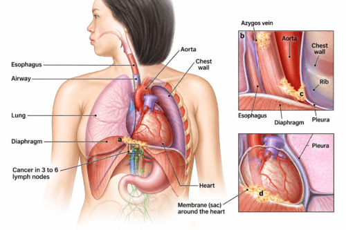 Esophageal cancer dysphagia anatomy showing tumor near the esophagus and lymph node involvement