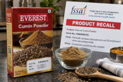 Everest cumin powder recall showing batch e080668761 beside an illustrative fssai pesticide-residue warning