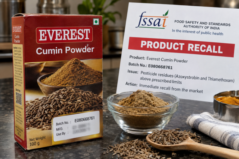 Everest cumin powder recall showing batch e080668761 beside an illustrative fssai pesticide-residue warning