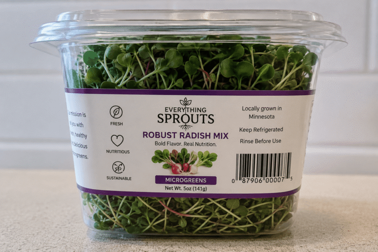 Everything Sprouts Robust Radish Mix recall product illustration showing a 5 ounce container of fresh radish sprouts