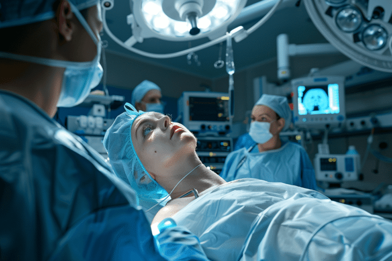 Patient in operation theatre after parathyroid surgery with surgical team reviewing outcome