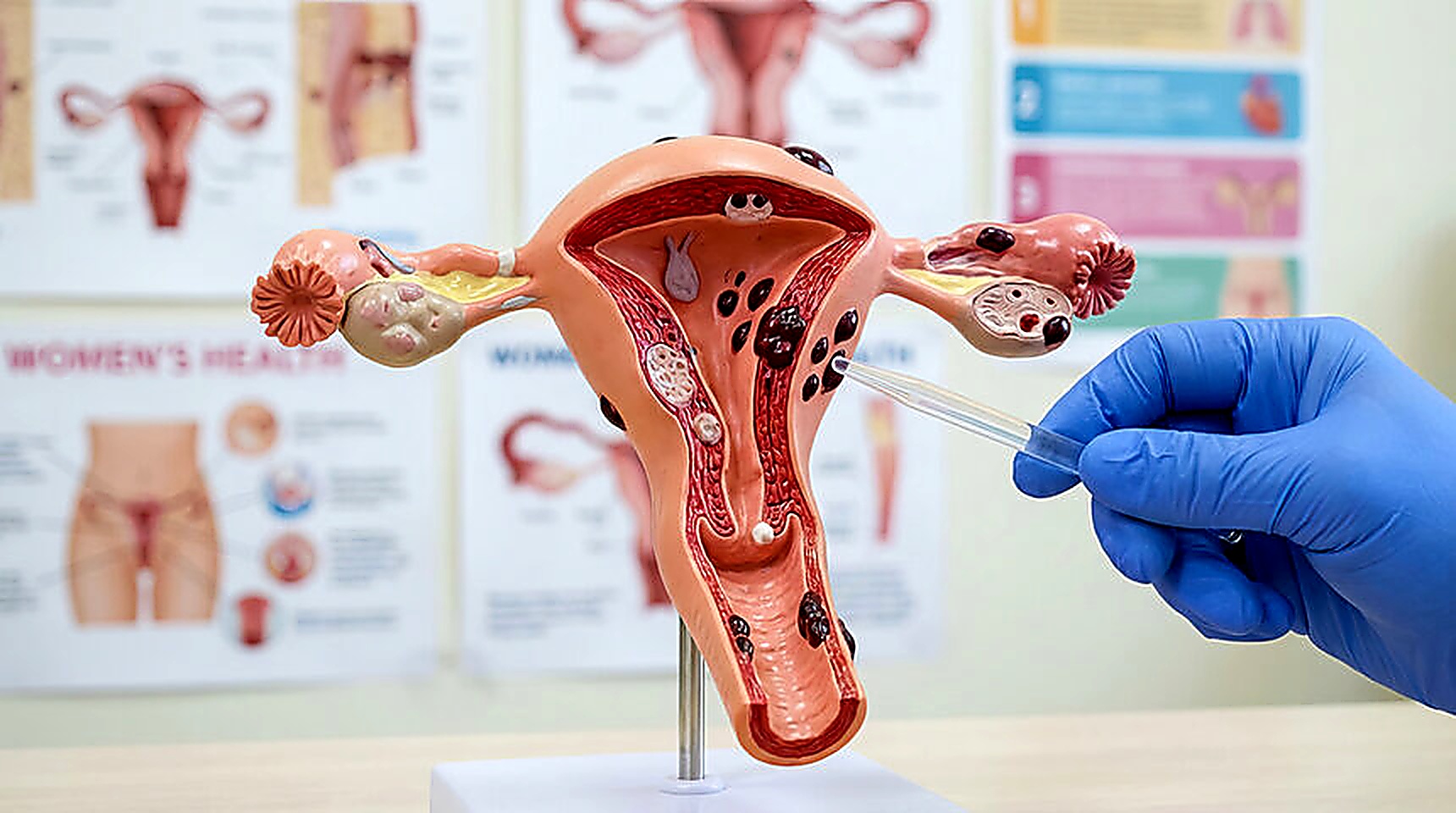 Medical model of uterus and fallopian tubes demonstrating fallopian tube blockage and reproductive anatomy during infertility explanation.