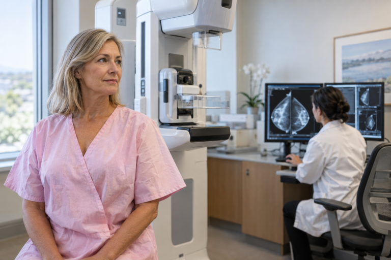 Woman after mammography screening while a radiologist reviews breast images in a modern breast imaging clinic