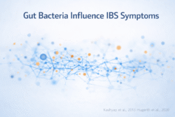 Abstract medical illustration showing altered gut microbiome networks influencing intestinal signaling and symptom generation in irritable bowel syndrome.