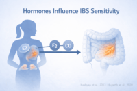 Ibs Causes Most Doctors Miss-Hidden Triggers Behind Irritable Bowel Syndrome 6 Medical illustration showing how estrogen and stress hormones influence gut sensitivity and pain signaling in women with irritable bowel syndrome.
