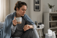 Home 6 Woman experiencing long covid immune dysfunction symptoms including fatigue and brain fog while monitoring health recovery at home