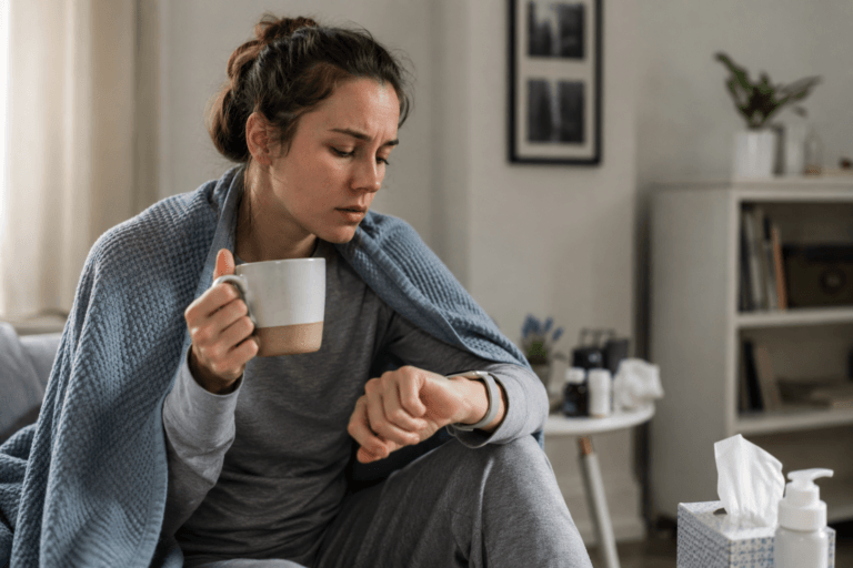 Woman experiencing Long COVID immune dysfunction symptoms including fatigue and brain fog while monitoring health recovery at home