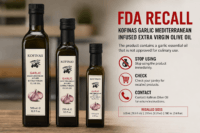 Fda garlic olive oil recall showing kofinas garlic mediterranean infused extra virgin olive oil bottles recalled over garlic essential oil not approved for culinary use.