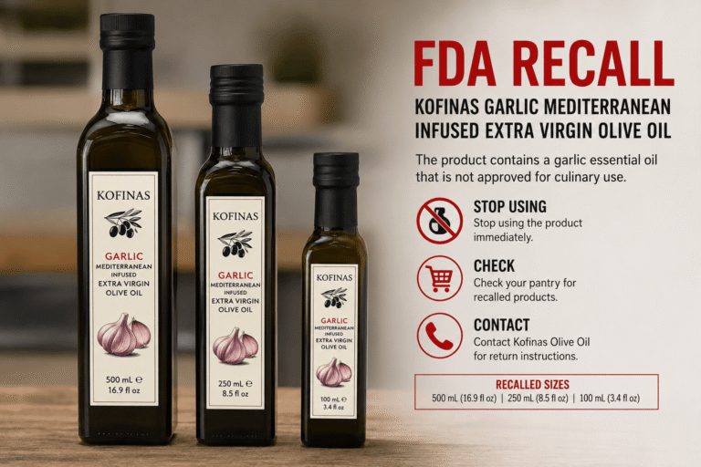 FDA garlic olive oil recall showing Kofinas Garlic Mediterranean Infused Extra Virgin Olive Oil bottles recalled over garlic essential oil not approved for culinary use.