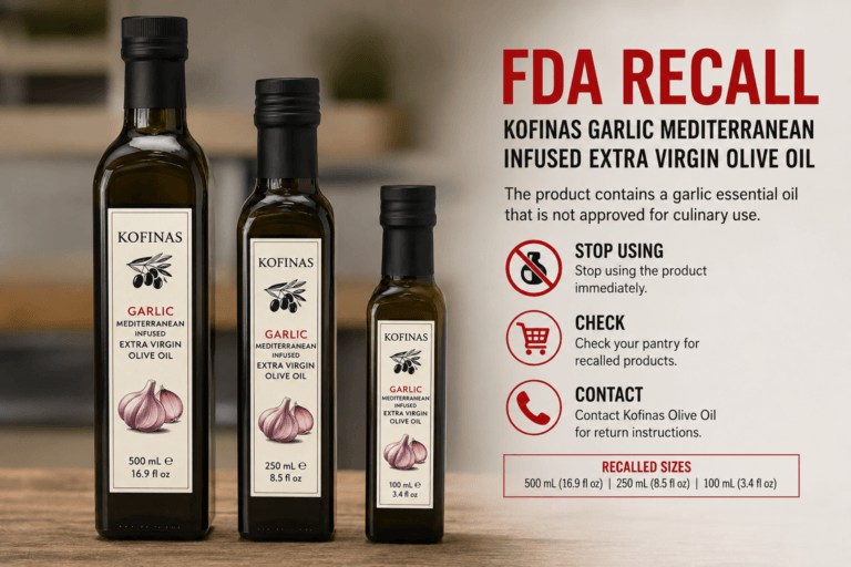 FDA garlic olive oil recall showing Kofinas Garlic Mediterranean Infused Extra Virgin Olive Oil bottles recalled over garlic essential oil not approved for culinary use.