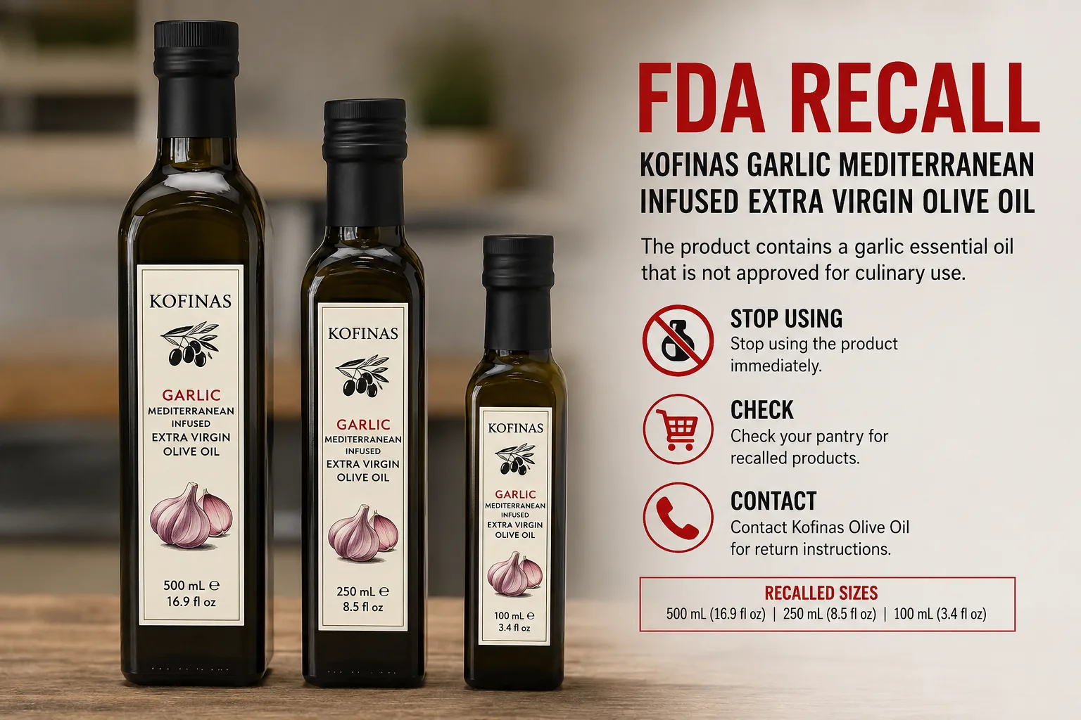 Home 5 Fda garlic olive oil recall showing kofinas garlic mediterranean infused extra virgin olive oil bottles recalled over garlic essential oil not approved for culinary use.