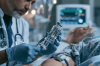 Doctor examining a recalled glutathione injection vial while monitoring a patient for symptoms of endotoxin contamination