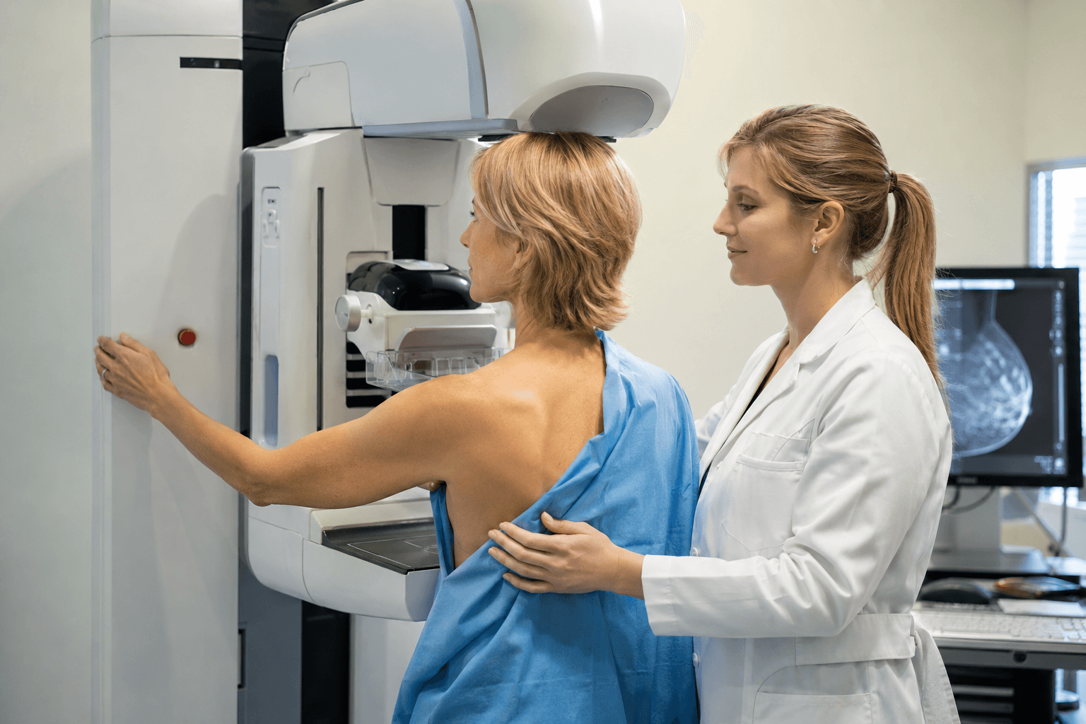 Home 5 Fda mammogram quality problems showing a patient receiving breast screening with a radiology technician at a certified mammography facility.