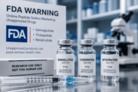 FDA peptide warning represented by semaglutide, tirzepatide and retatrutide research vials in a modern laboratory