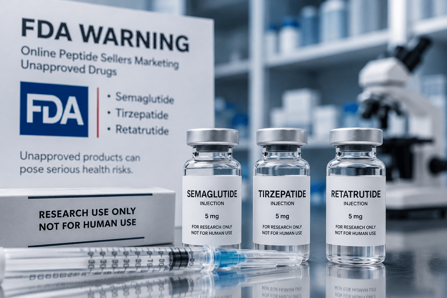 Fda peptide warning represented by semaglutide, tirzepatide and retatrutide research vials in a modern laboratory