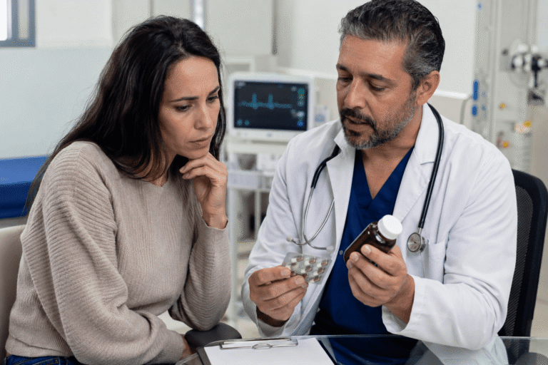 Doctor warning a patient about toxic yellow oleander and hidden drugs in natural weight-loss supplements