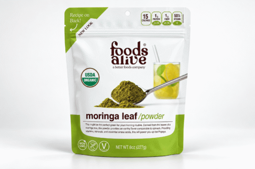 Recreated Foods Alive Organic Moringa Leaf Powder 8 oz pouch with white and green packaging.