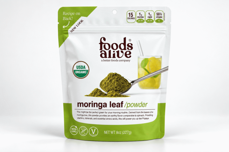 Recreated Foods Alive Organic Moringa Leaf Powder 8 oz pouch with white and green packaging.