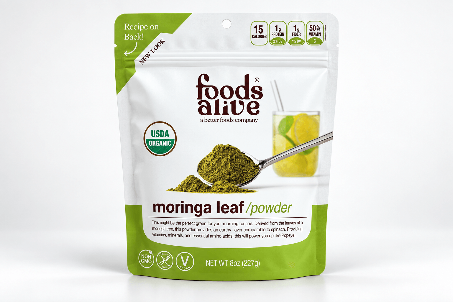 Home 5 Recreated foods alive organic moringa leaf powder 8 oz pouch with white and green packaging.