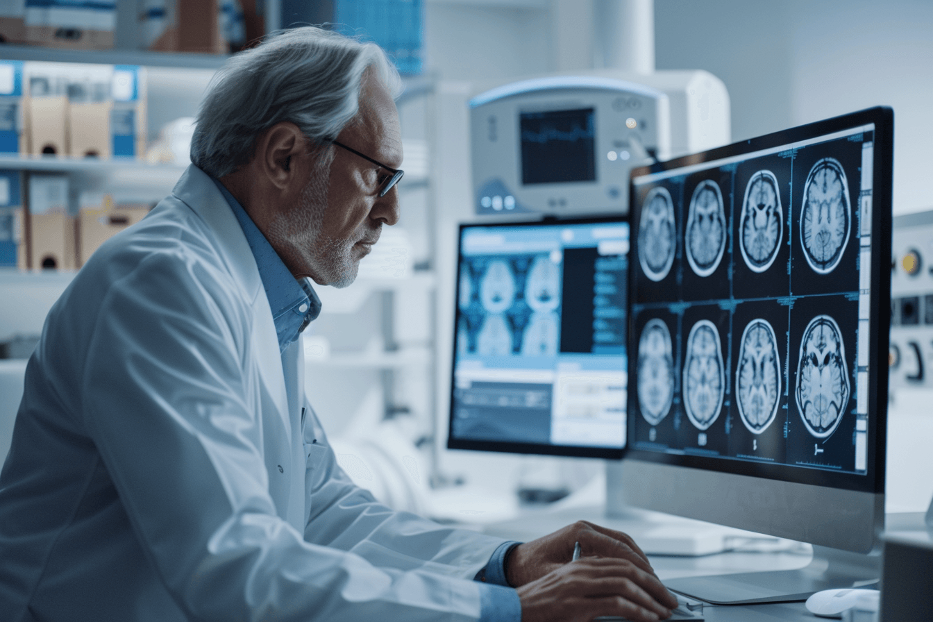 Doctor reviewing brain mri scan for glioma with integrative care approach supported by global medical guidelines