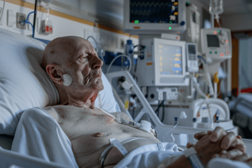 Bedridden brain tumor patient after glioma recurrence receiving nutrition through nasogastric feeding tube