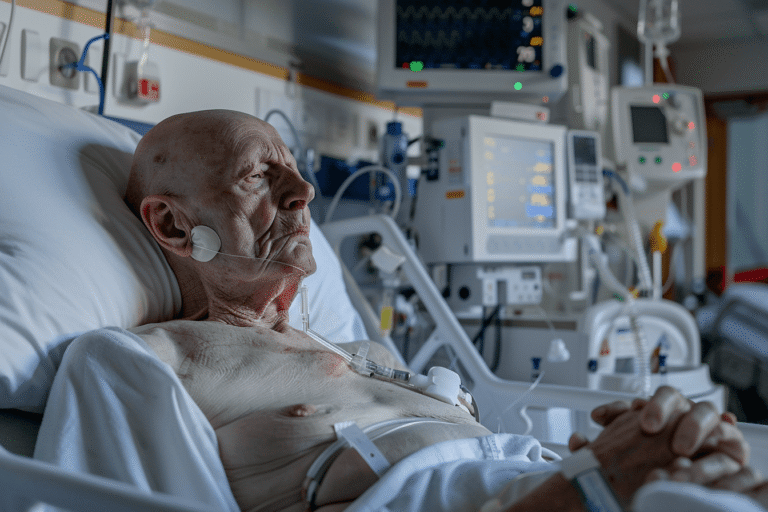 Bedridden brain tumor patient after glioma recurrence receiving nutrition through nasogastric feeding tube