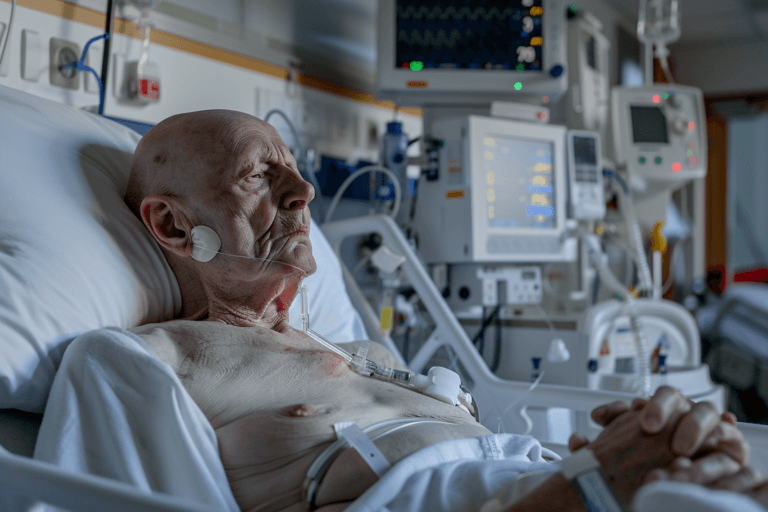 Bedridden brain tumor patient after glioma recurrence receiving nutrition through nasogastric feeding tube