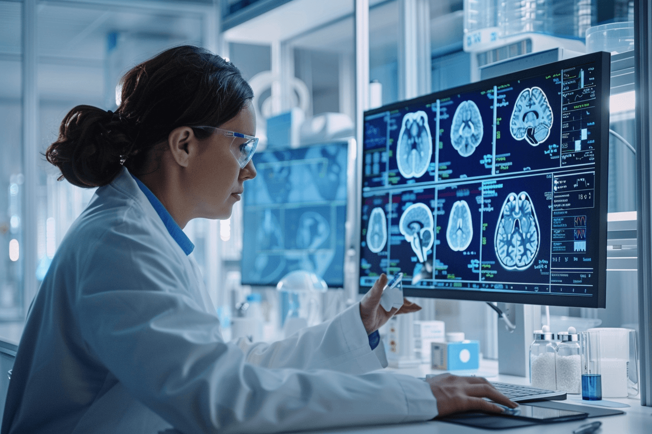 Scientific research on glioma showing brain imaging and integrative medicine exploration in a modern lab