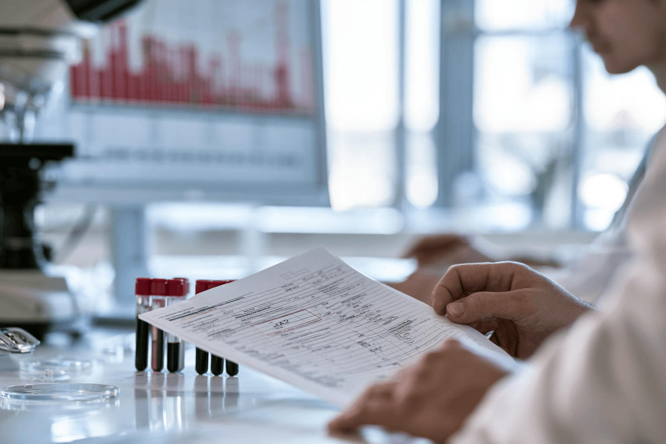 Hba2 in thalassemia blood test report showing hplc interpretation, blood samples and doctor reviewing diagnostic results.