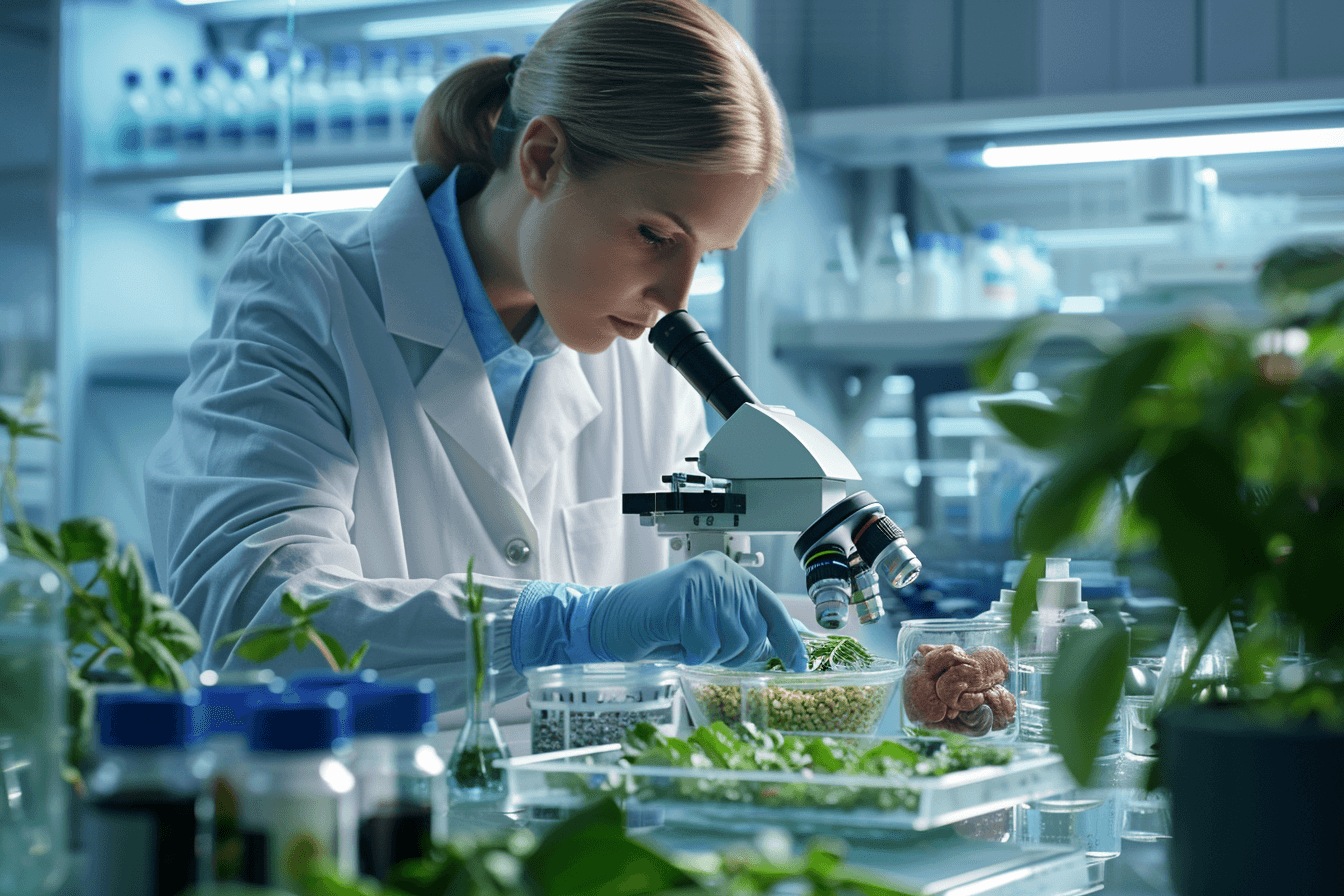 Researcher studying medicinal herbs in laboratory with pancreas anatomy overlay representing herbal pharmacology in pancreatic conditions