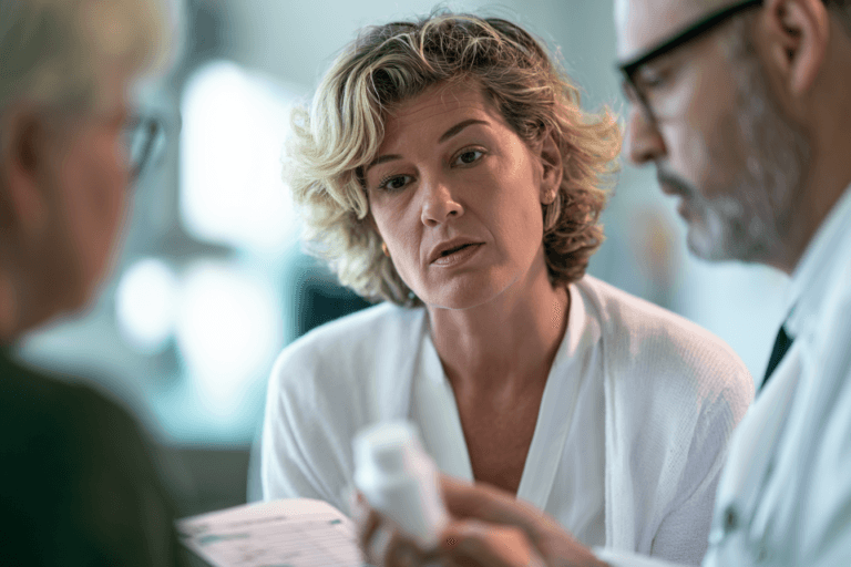 Hidden dexamethasone in pain relief product discussed by a doctor with a patient during a hospital consultation.