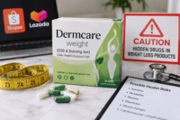 Home 6 Hidden drugs in weight loss supplements warning showing sibutramine risks, capsules, measuring tape and medical equipment
