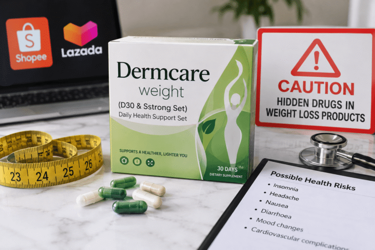 Hidden drugs in weight loss supplements warning showing sibutramine risks, capsules, measuring tape and medical equipment