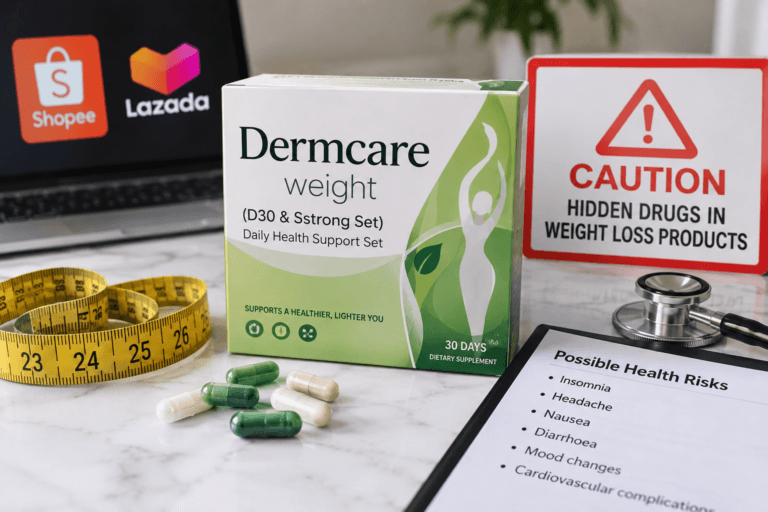 Hidden drugs in weight loss supplements warning showing sibutramine risks, capsules, measuring tape and medical equipment