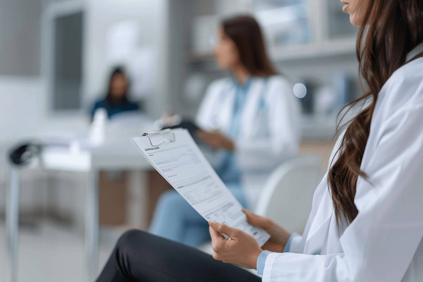 Early-stage parathyroid adenoma patient reviewing borderline calcium test results in clinic