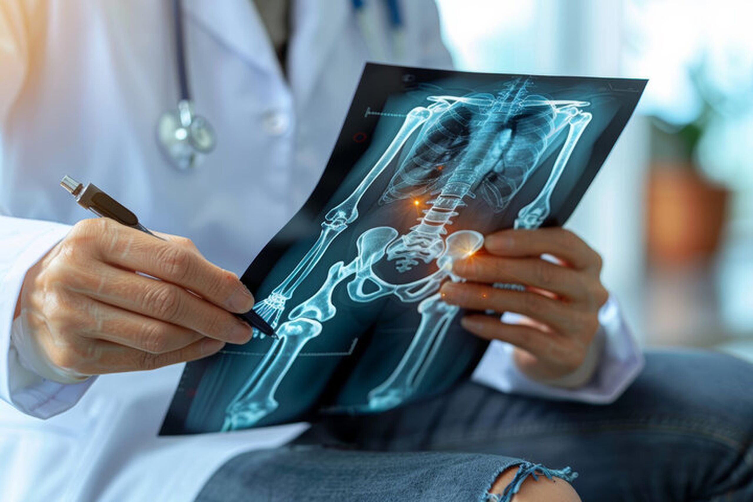 Doctor examining skeletal scan to understand autoimmune disease affecting joints and immune system inflammation