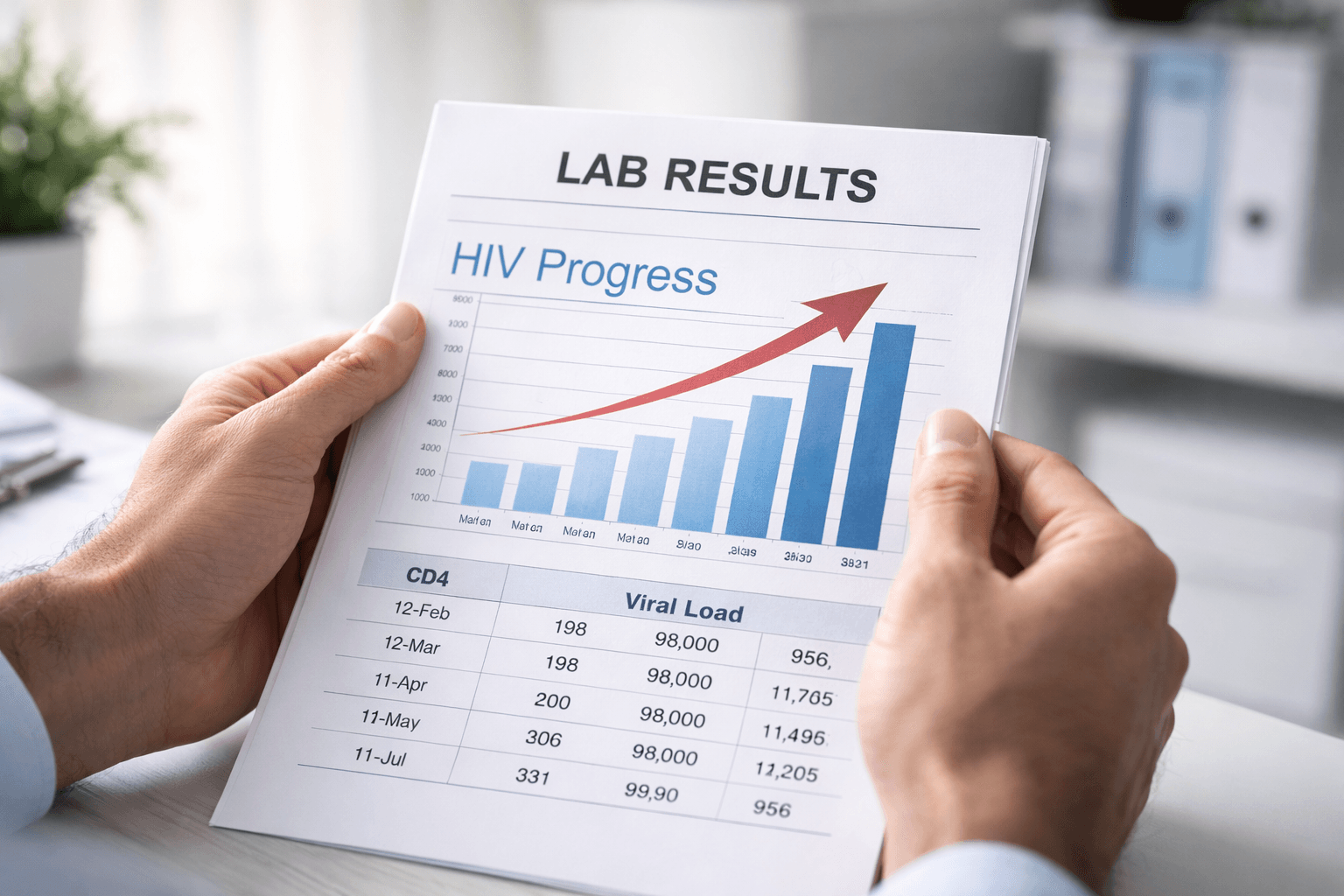 Close-up of patient holding hiv lab report showing rising cd4 count and decreasing viral load trend indicating immune recovery