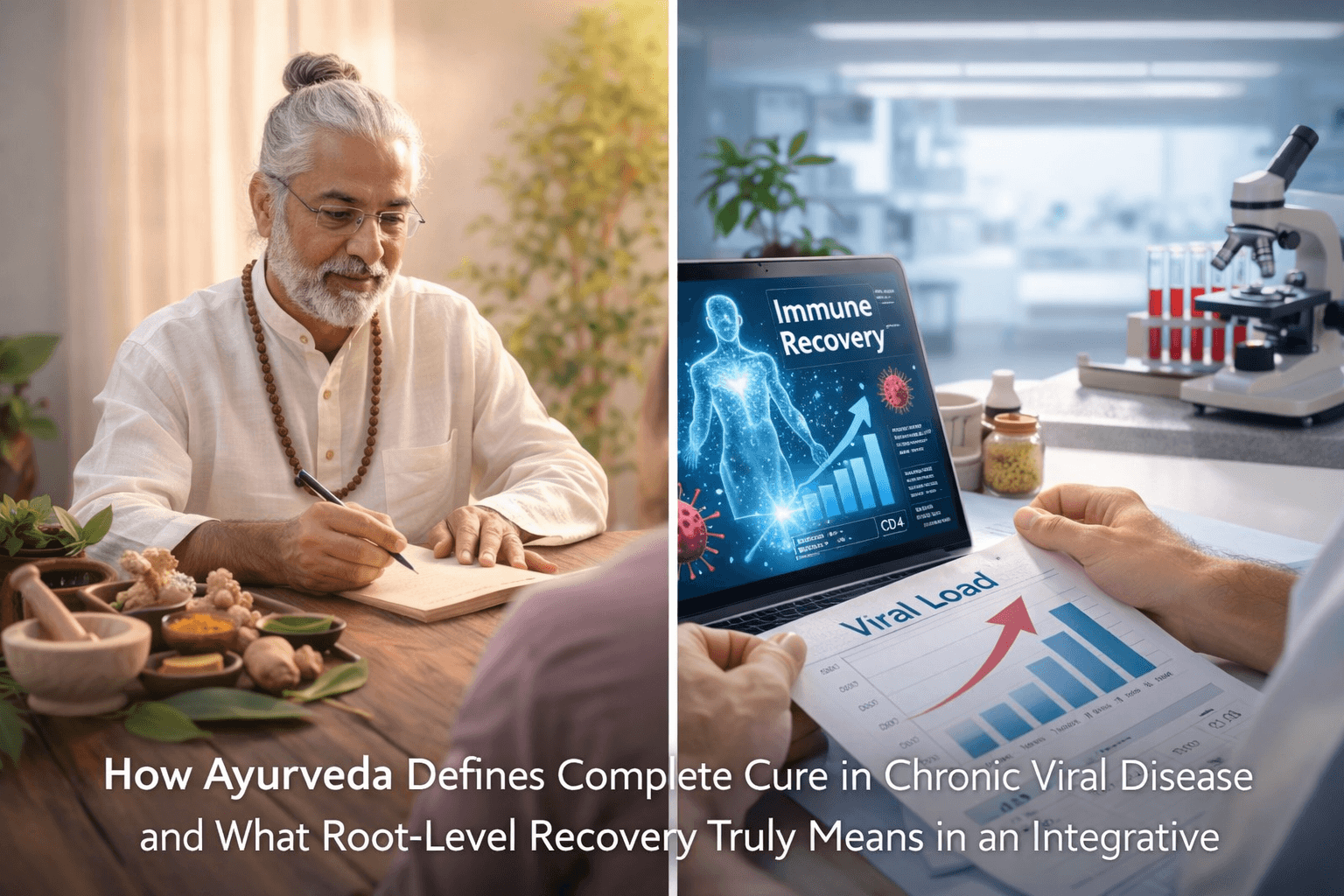 Ayurvedic physician consultation alongside hiv immune recovery chart showing cd4 improvement and viral load monitoring in an integrative treatment approach