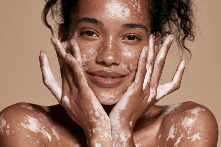 Woman with visible vitiligo patches on face, hands, arms and shoulders showing active skin depigmentation.