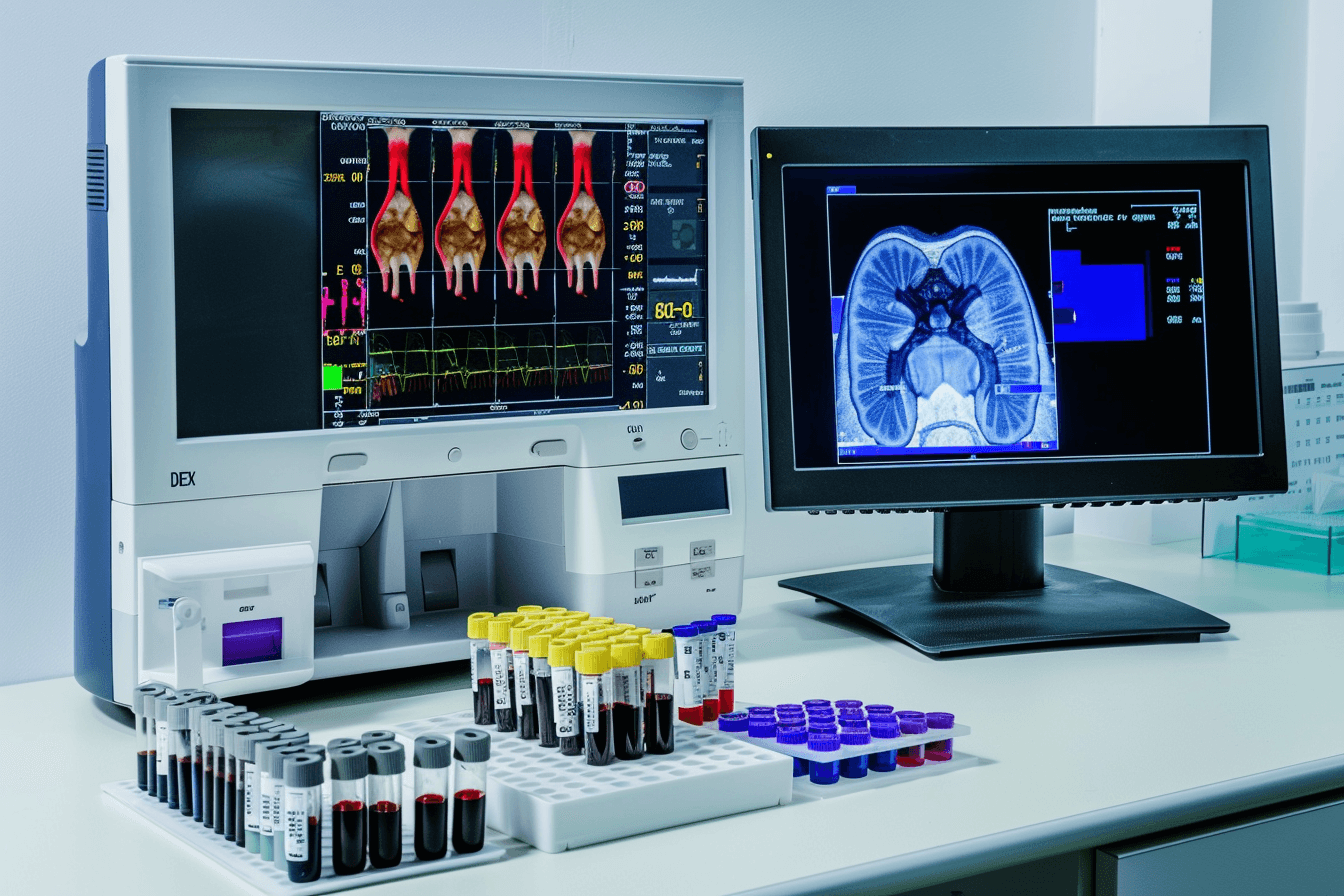 Hyperparathyroidism diagnosis showing blood test, calcium levels, pth hormone testing, bone density scan and kidney imaging in a clinical laboratory setup