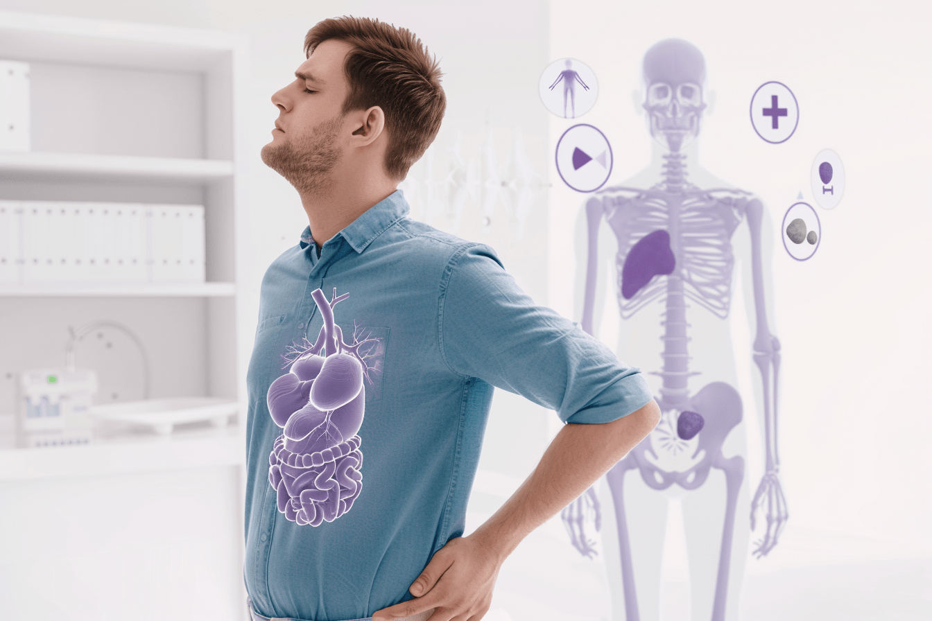 Hyperparathyroidism symptoms including fatigue, bone pain, kidney stones, digestive issues and brain fog shown in a clinical medical illustration