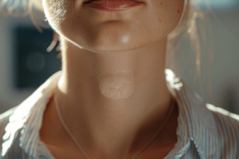 Thyroid and parathyroid glands highlighted on patient neck showing hyperparathyroidism