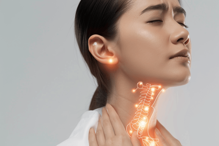 Photorealistic illustration of hyperparathyroidism showing parathyroid glands behind the thyroid and calcium imbalance affecting bones and bloodstream in a clinical setting