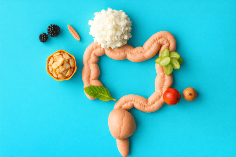 Model of large intestine surrounded by foods that influence ibs diet and digestive health