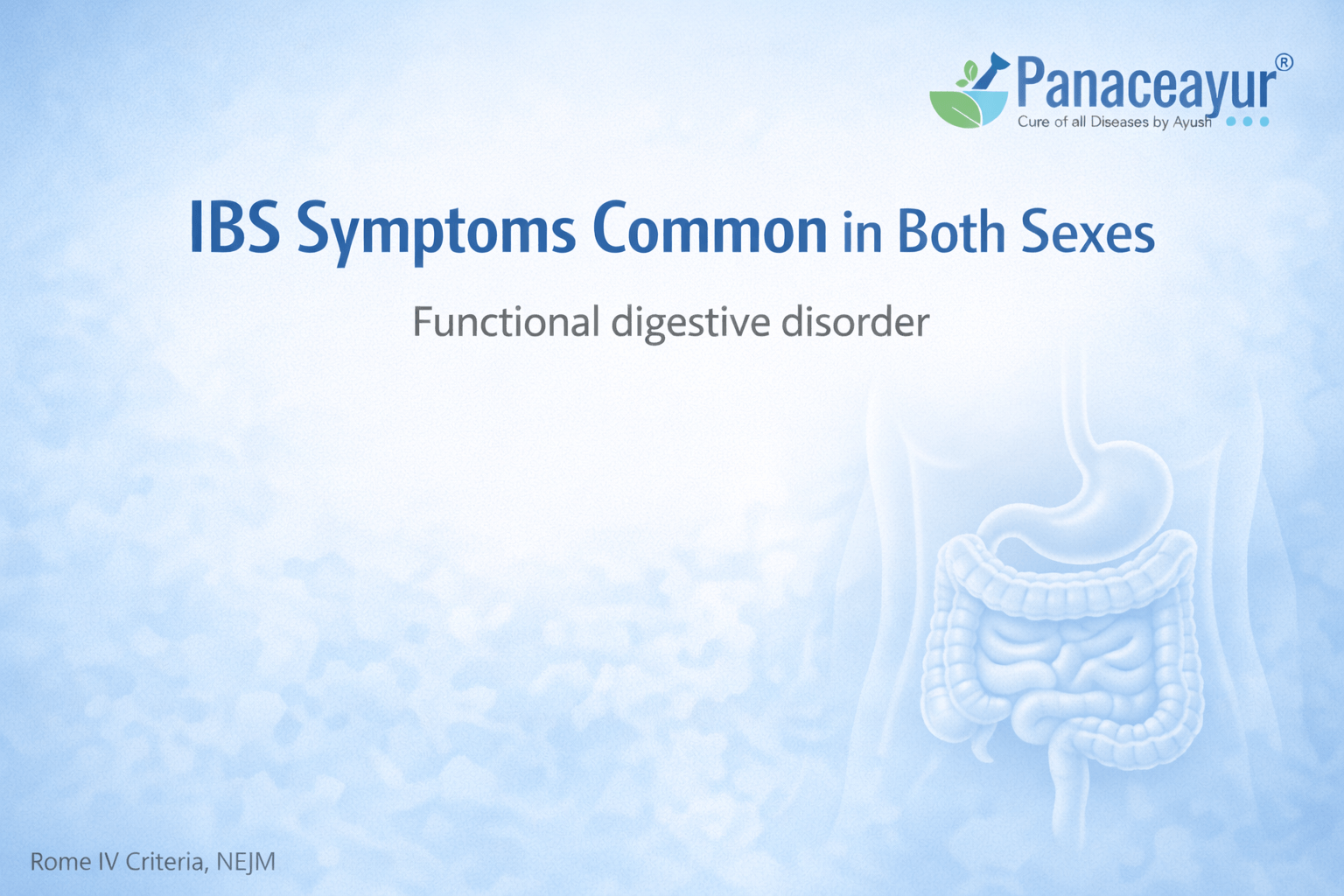 Ibs Symptoms Common In Both Men And Women Explained Ibs symptoms common in both men and women shown in a clean clinical blue medical illustration representing functional digestive disorder without structural damage, panaceayur brand featured